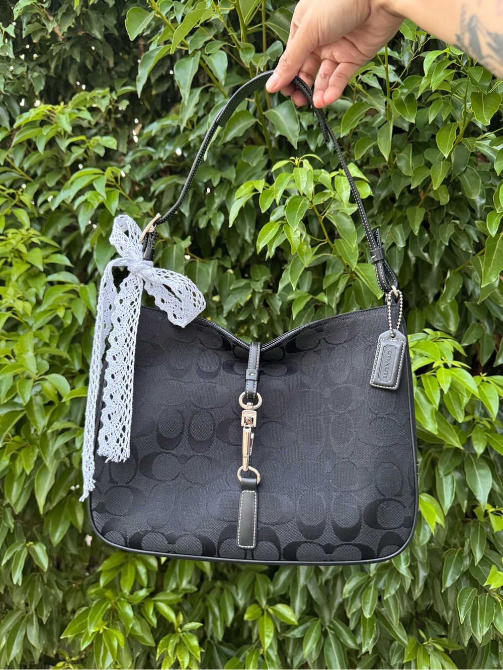 Y2K Coach Black Signature Jacquard Hamptons Hobo Shoulder Bag
